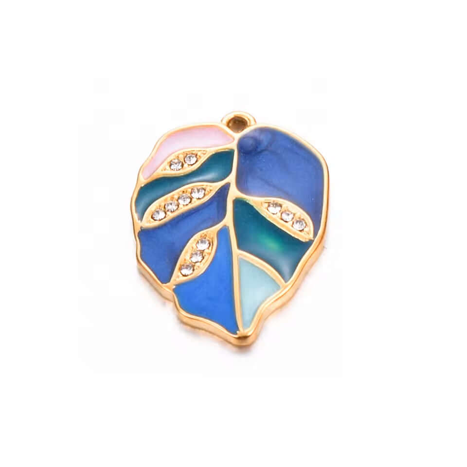 Leaf Charm with Crystals - No Tarnish Gold - 22mm x 16mm - Per Piece
