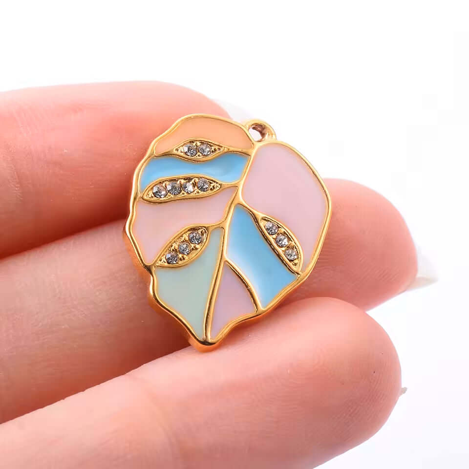 Leaf Charm with Crystals - No Tarnish Gold - 22mm x 16mm - Per Piece