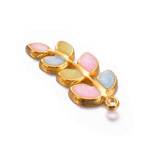 Leaf Charm Multi Color Pink Enamel No Tarnish Gold - Sold Per Piece