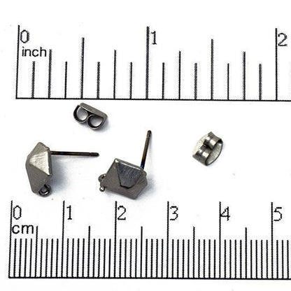 8mm Faceted Pentagon Earring Post with Loop - Nickel Free - Earnut Included - Satin Rhodium Silver and Satin Hamilton Gold - KE-5