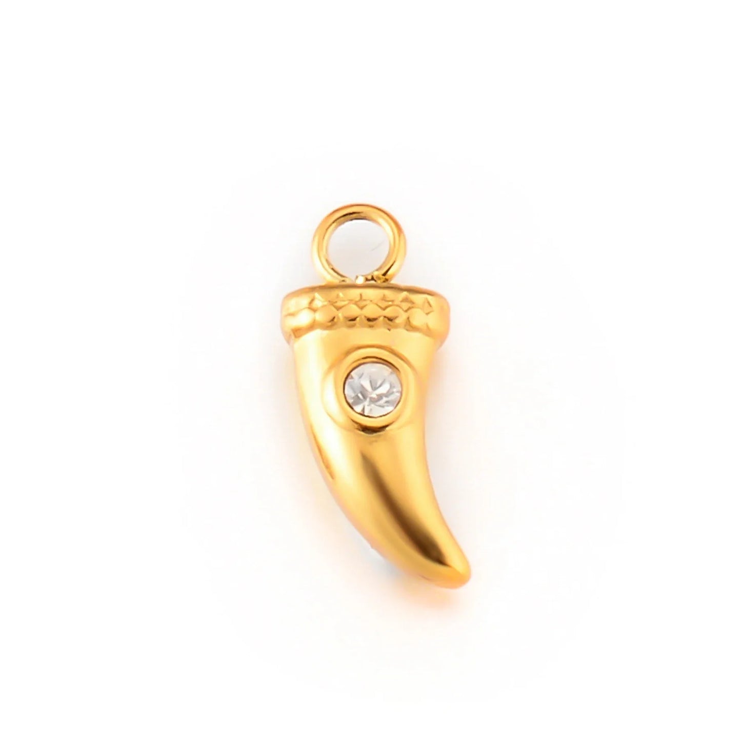 Horn Charm Pendant with Crystal -10mm - No Fade Gold - Sold Per Piece