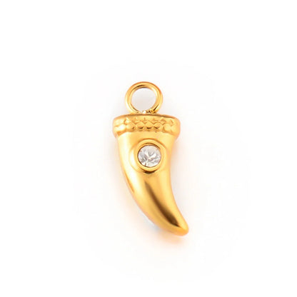 Horn Charm Pendant with Crystal -10mm - No Fade Gold - Sold Per Piece
