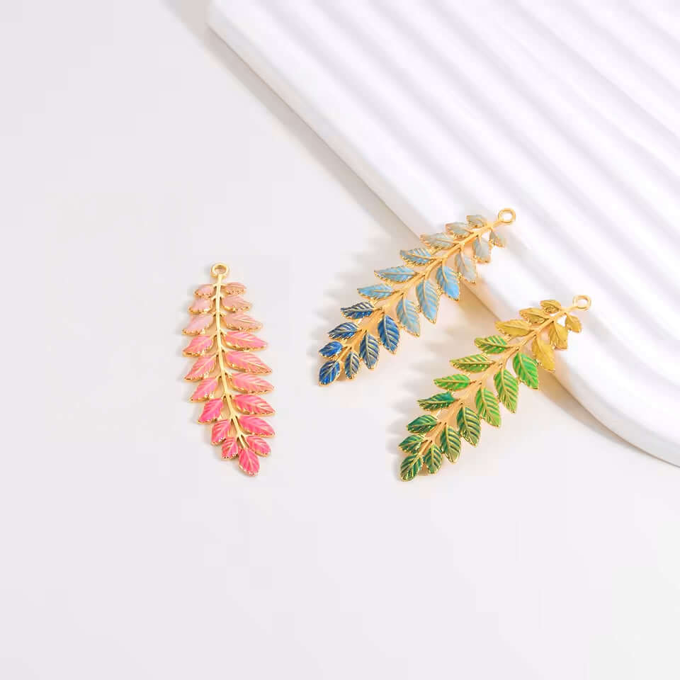 Leaf Charm Pendant - No Tarnish Gold - Multi Color Enamel - Per Piece
