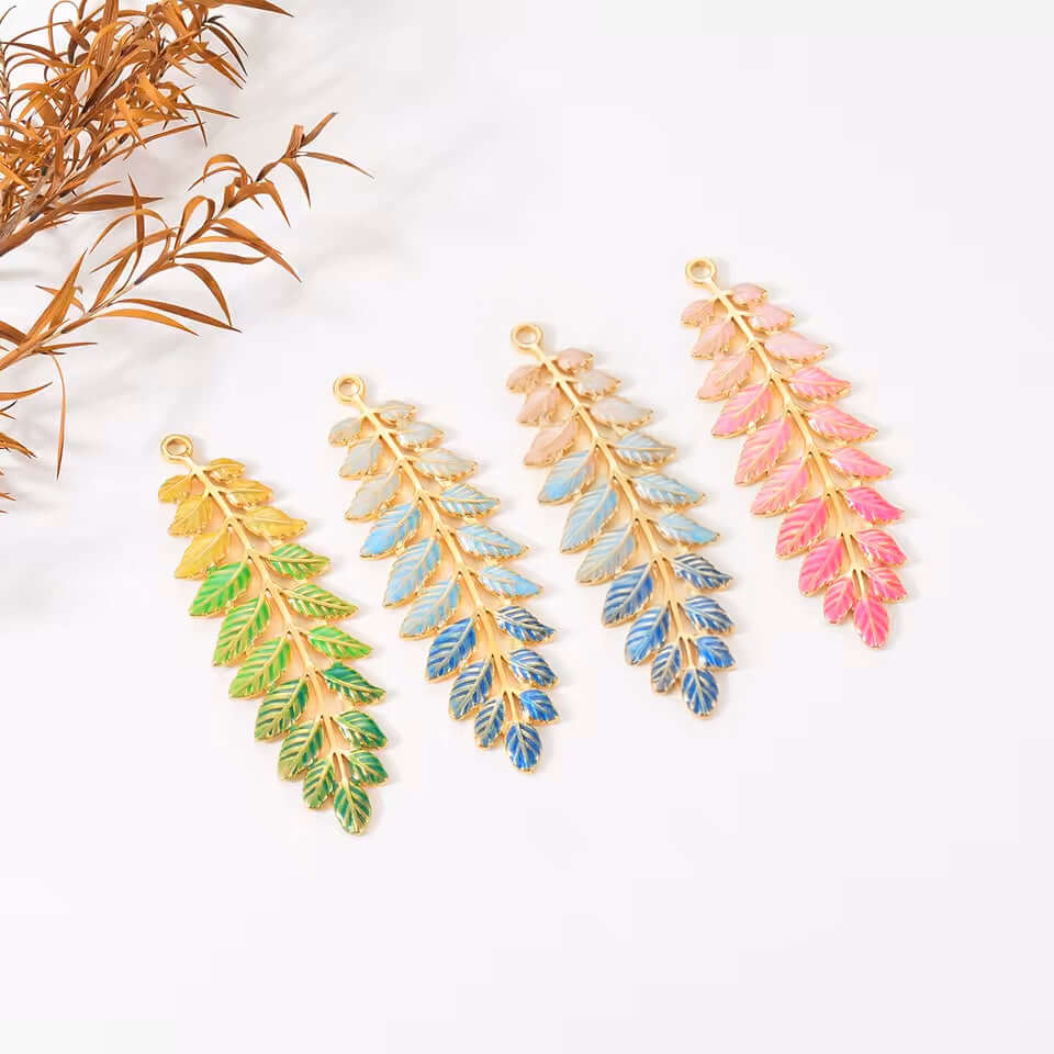 Leaf Charm Pendant - No Tarnish Gold - Multi Color Enamel - Per Piece