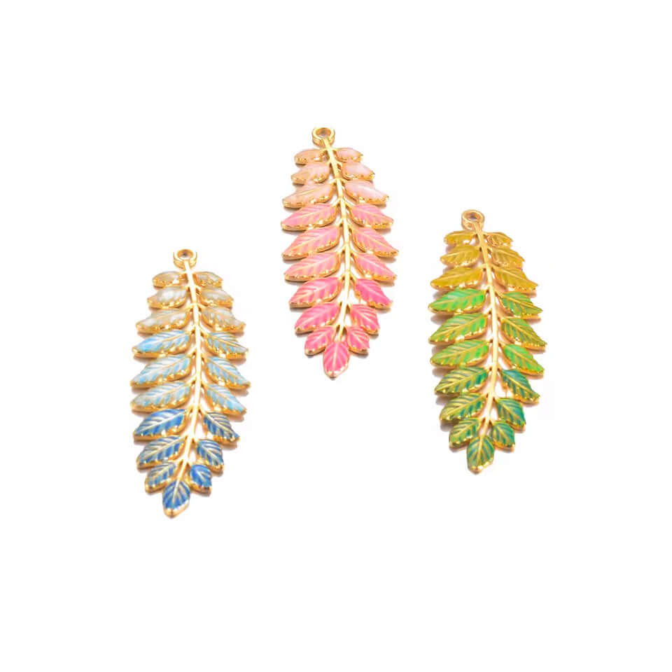 Leaf Charm Pendant - No Tarnish Gold - Multi Color Enamel - Per Piece