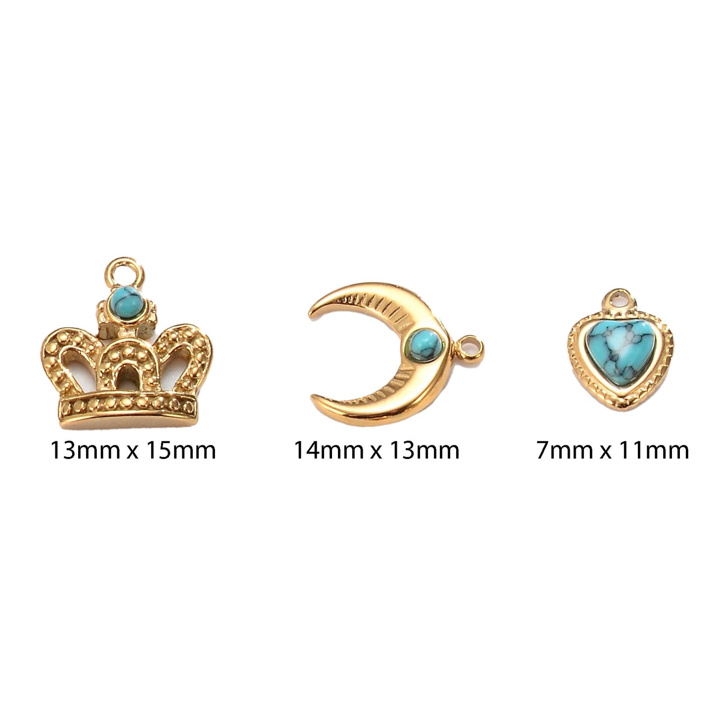 Non Tarnish Charms in Gold Crown, Moon or Heart - Sold Per Piece